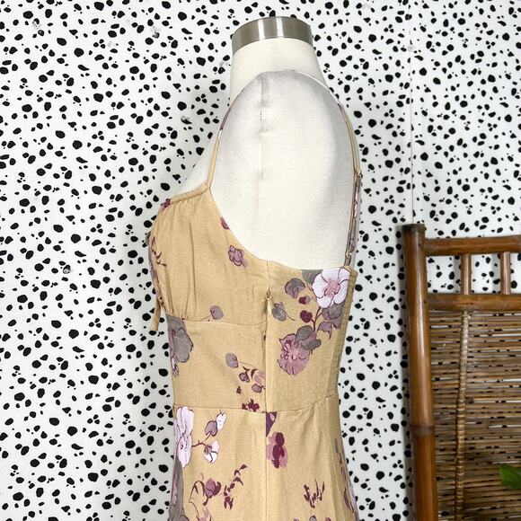 Aritzia | Wilfred Bellow Tan Yellow Floral Print Tie Bust Sexy Summer Midi Dress - Picture 8 of 13
